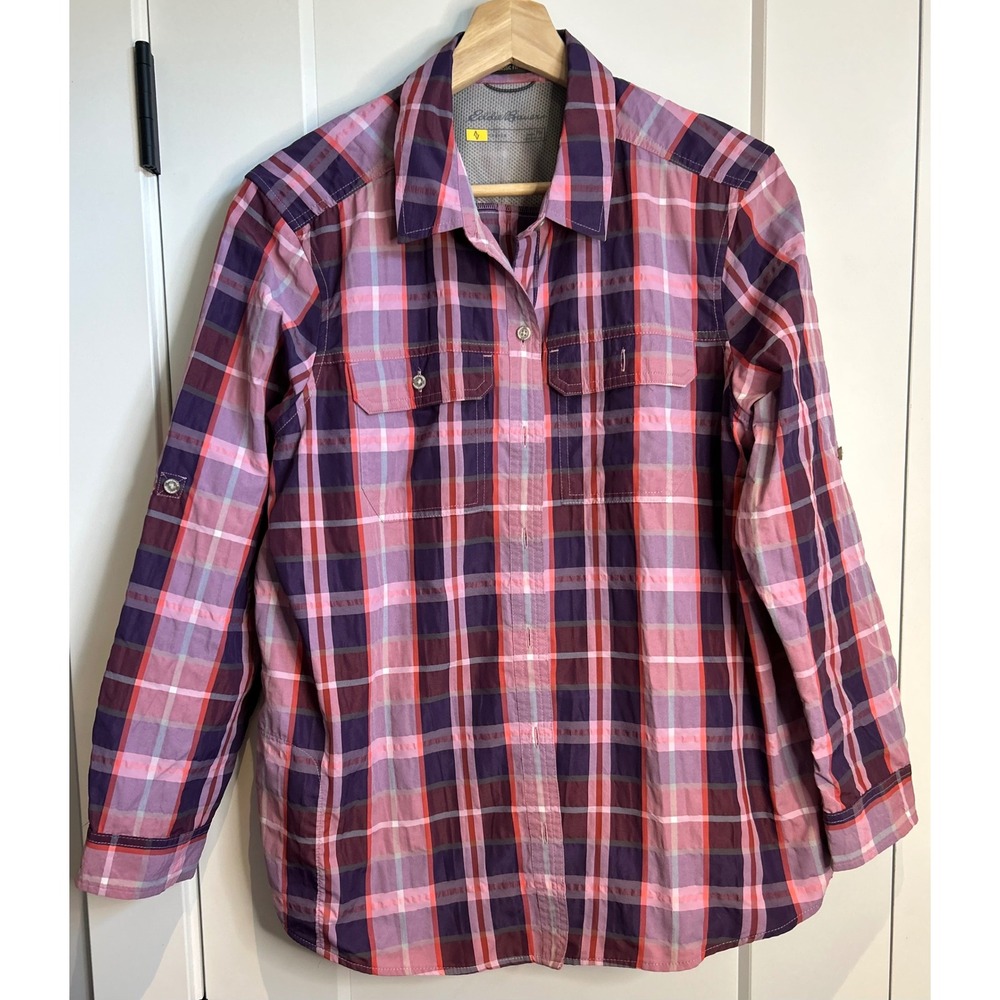 Eddie Bauer Travex Womens PM Purple Pink Plaid Roll Tab Button Down Shirt Vent